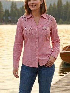 Cotton Poplin Red Striped Jewel Embellished Shirt Small Western Glam Sparkle